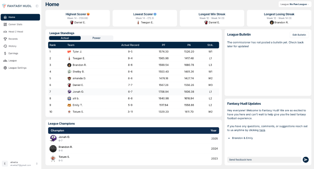 Fantasy football league management tool for tracking stats, history, and records.