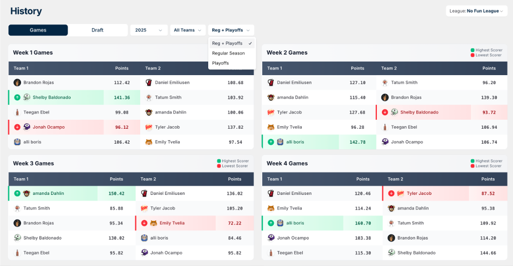 View your fantasy matchups by playoffs or regular season.