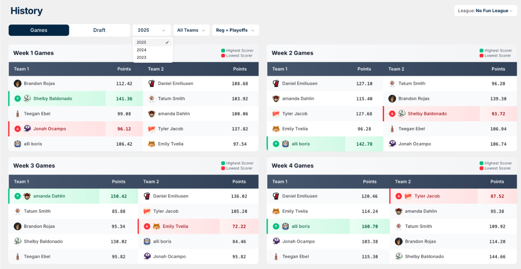 View your fantasy matchups by year.